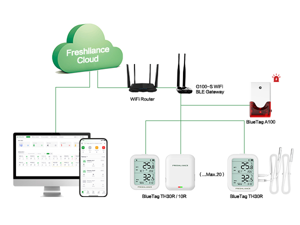G100 WiFi Bluetooth Gateway for Real-time Temperature Monitoring of Small Area Storage